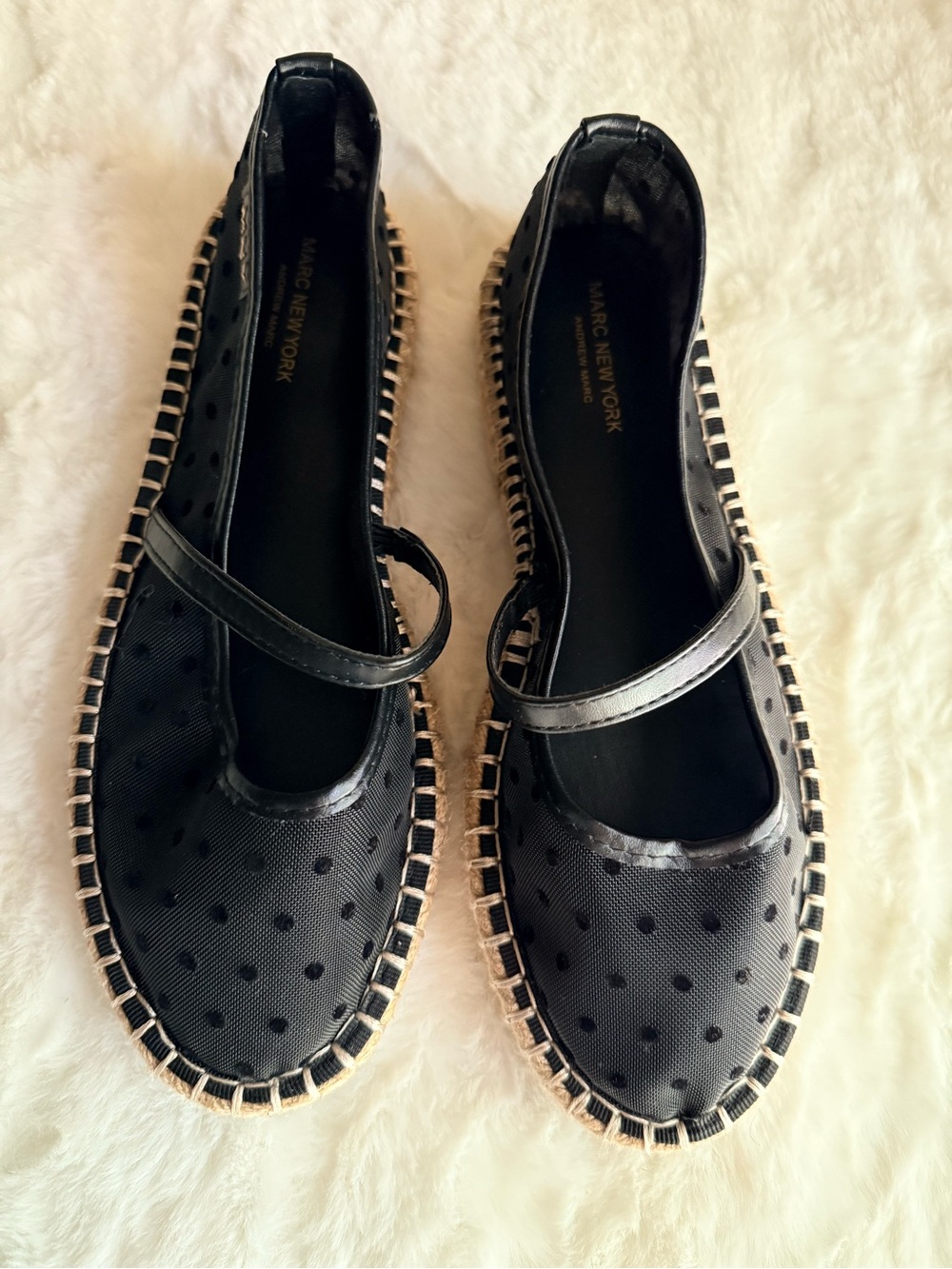 Marc New York Black Polka Dot Mary Jane Espadrilles with Natural Trim Size 7